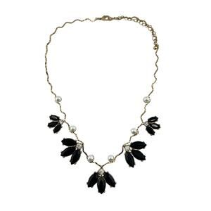 Glamorous Black Rhinestone Faux Pearl Gold Tone Elegant Statement 20" Necklace